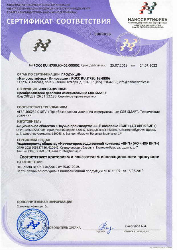 Сертификат АНО «Наносертифика» о соответствии выпускаемой продукции критериям и показателям ее инновационности на преобразователи давления СДВ-Smart.